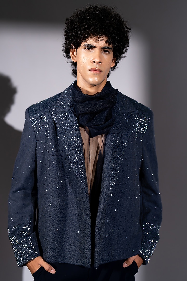 Ash Blue Suede & Tweed Embroidered Bomber Jacket by Nikita Mhaisalkar Men at Pernia's Pop Up Shop