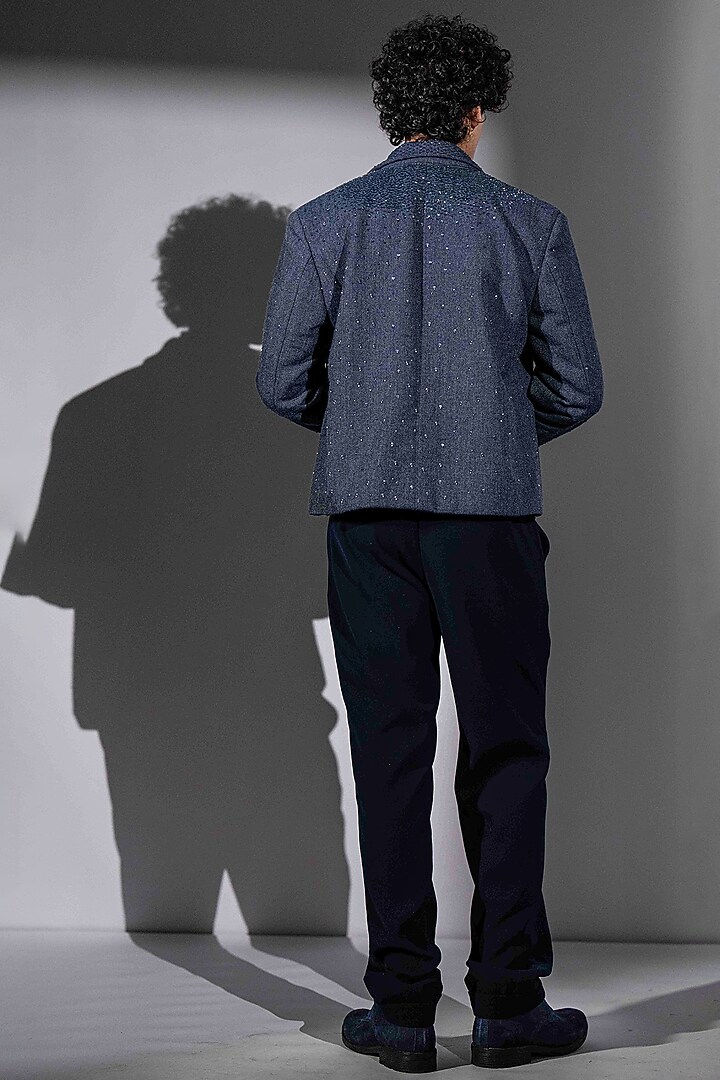 Ash Blue Suede & Tweed Embroidered Bomber Jacket by Nikita Mhaisalkar Men at Pernia's Pop Up Shop