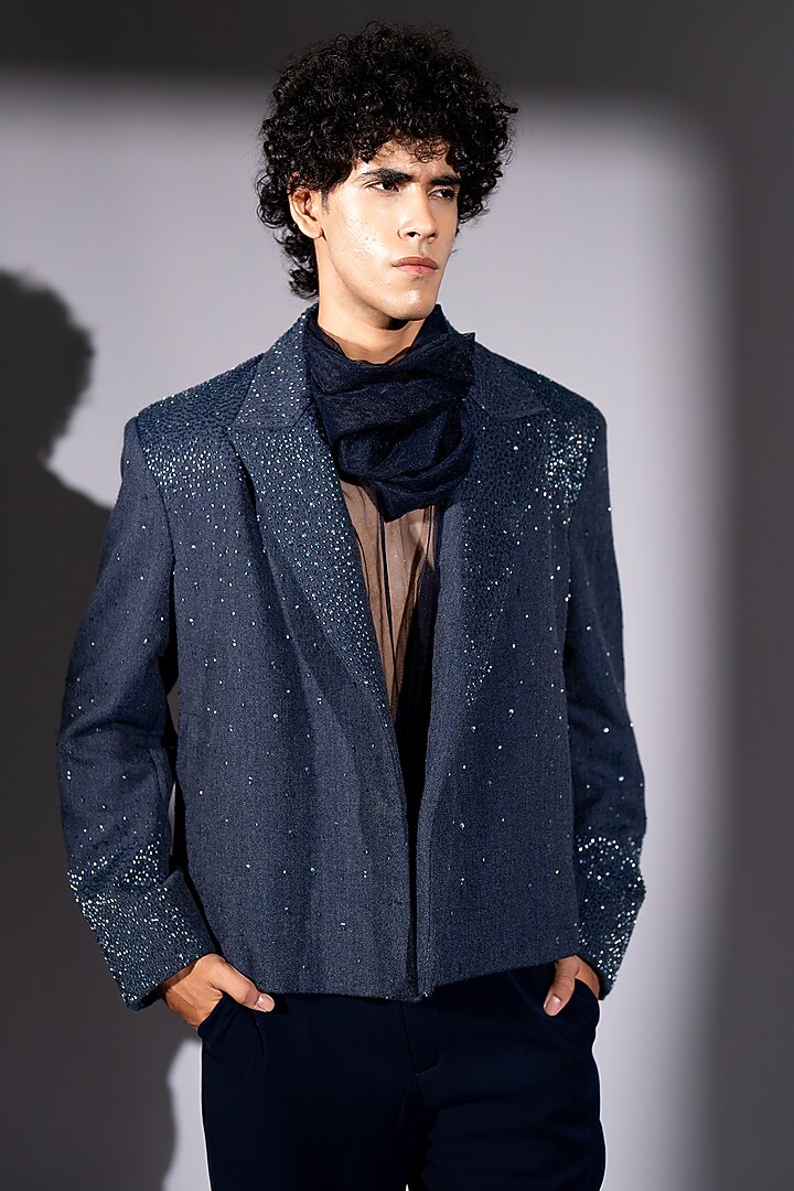 Ash Blue Suede & Tweed Embroidered Bomber Jacket by Nikita Mhaisalkar Men at Pernia's Pop Up Shop
