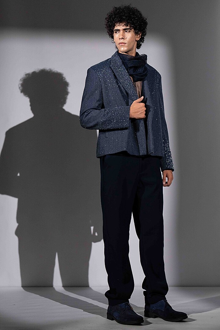 Ash Blue Suede & Tweed Embroidered Bomber Jacket by Nikita Mhaisalkar Men at Pernia's Pop Up Shop