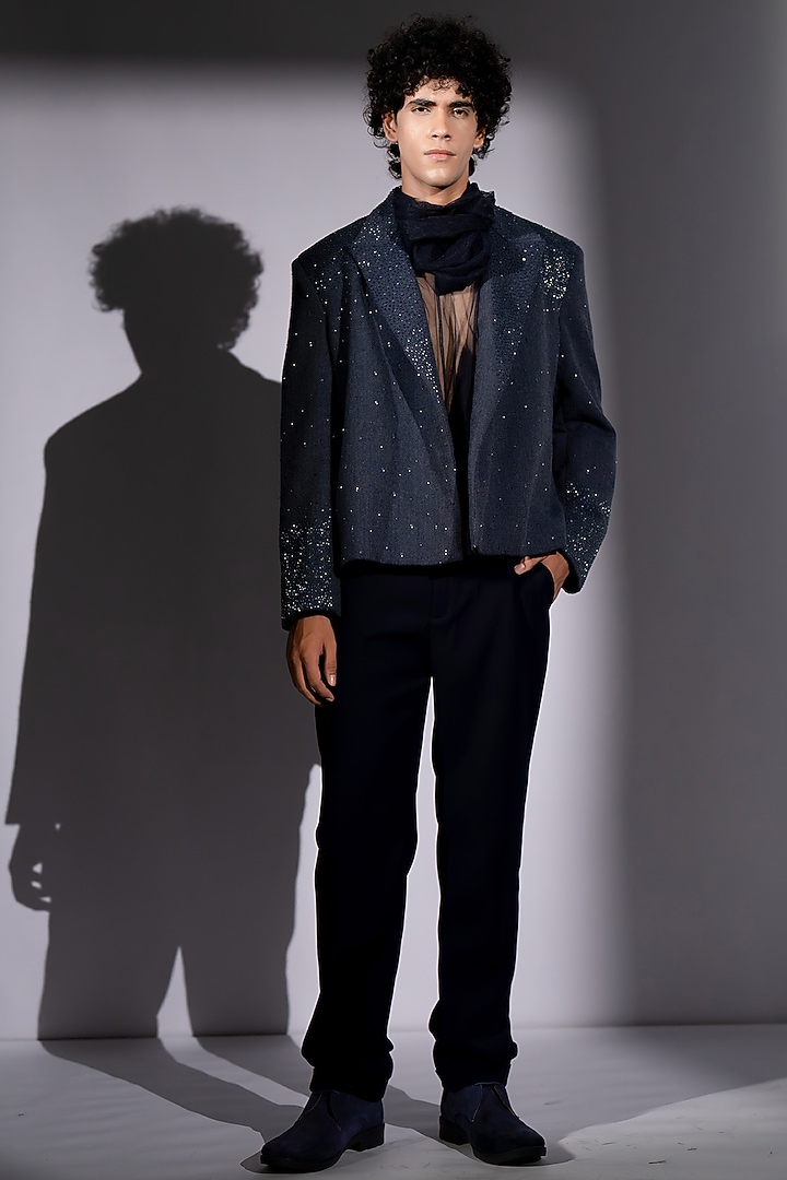 Navy Blue Tulle Co-Ord Set by Nikita Mhaisalkar Men at Pernia's Pop Up Shop