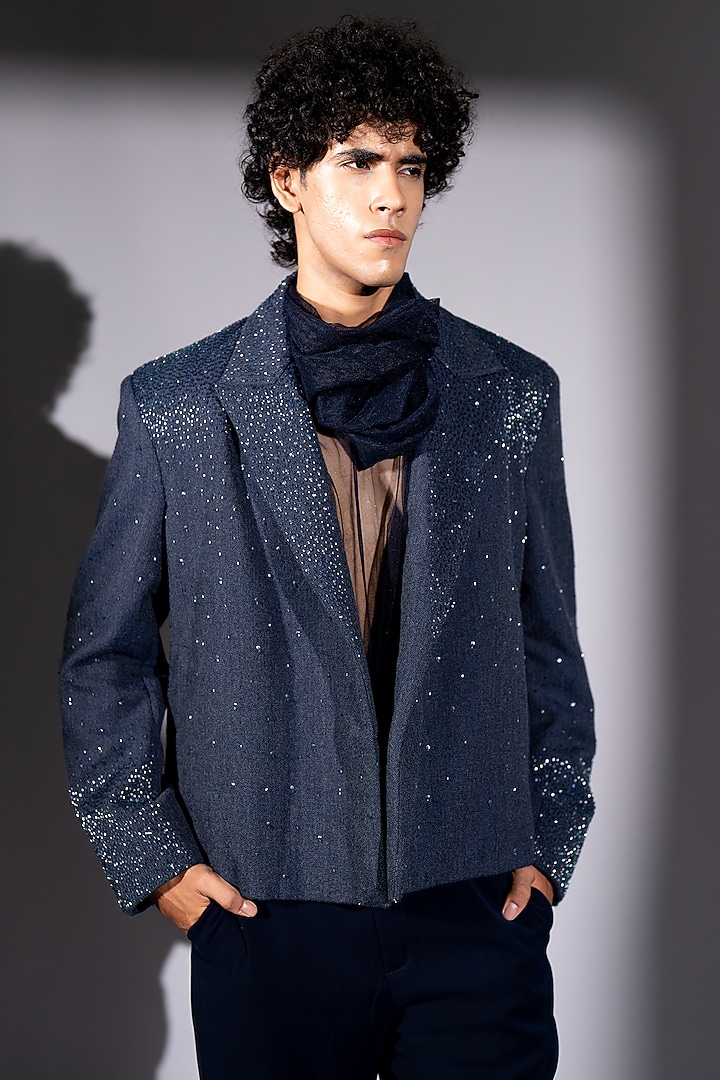 Navy Blue Tulle Co-Ord Set by Nikita Mhaisalkar Men at Pernia's Pop Up Shop