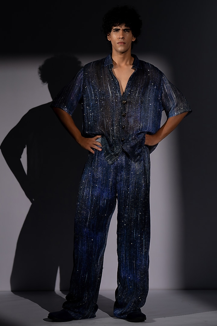 Navy Blue Tulle Printed Co-Ord Set by Nikita Mhaisalkar Men at Pernia's Pop Up Shop