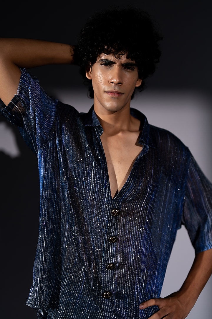 Navy Blue Tulle Printed Co-Ord Set by Nikita Mhaisalkar Men at Pernia's Pop Up Shop