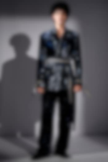 Blue Silk Velvet Galaxy Printed Jacket Set by Nikita Mhaisalkar Men at Pernia's Pop Up Shop