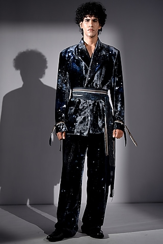 Blue Silk Velvet Galaxy Printed Jacket Set by Nikita Mhaisalkar Men
