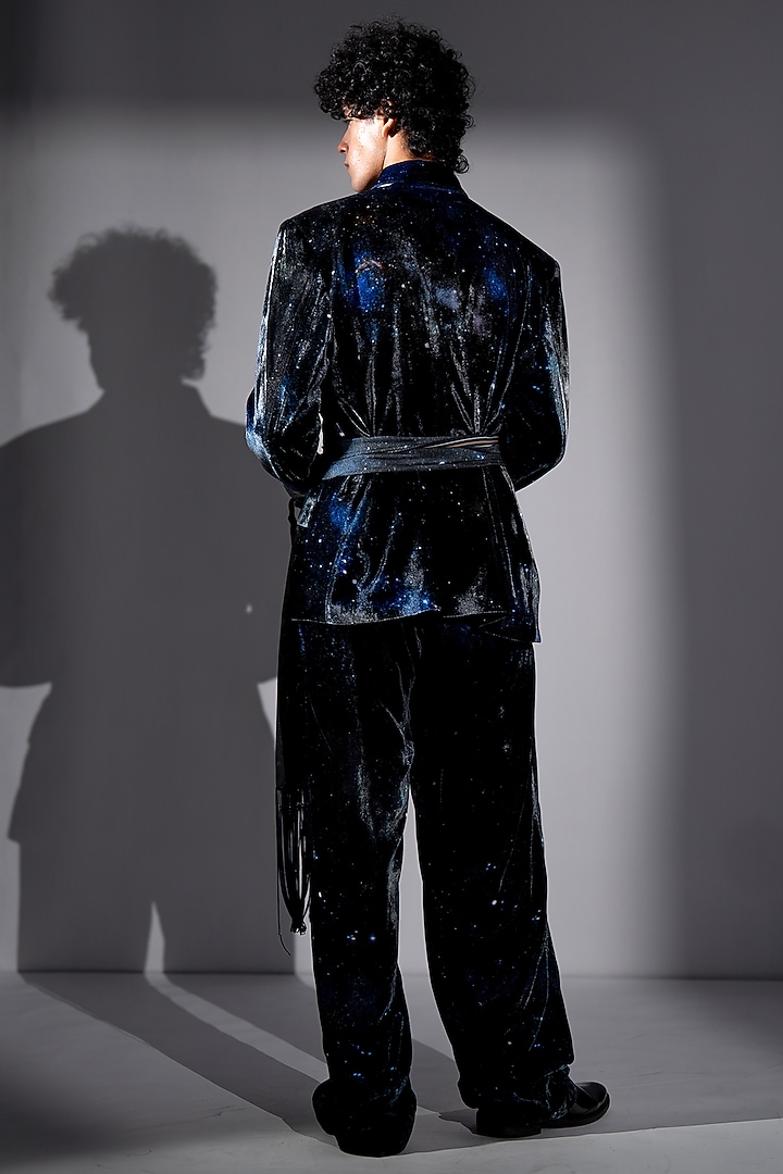 Blue Silk Velvet Galaxy Printed Jacket Set by Nikita Mhaisalkar Men at Pernia's Pop Up Shop