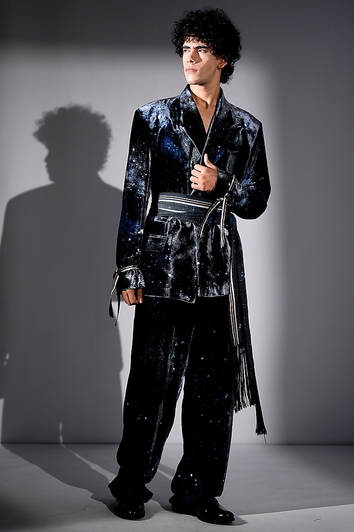 Blue Silk Velvet Galaxy Printed Jacket Set by Nikita Mhaisalkar Men at Pernia's Pop Up Shop