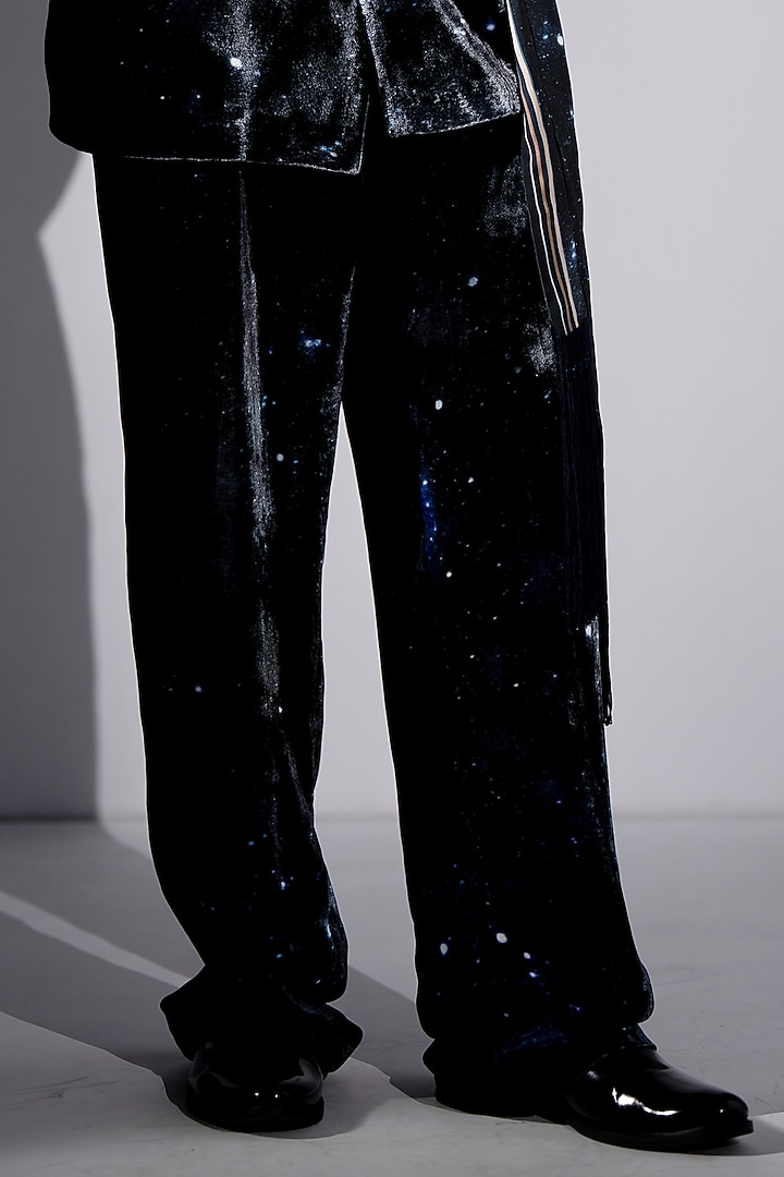 Blue Silk Velvet Galaxy Printed Jacket Set by Nikita Mhaisalkar Men at Pernia's Pop Up Shop