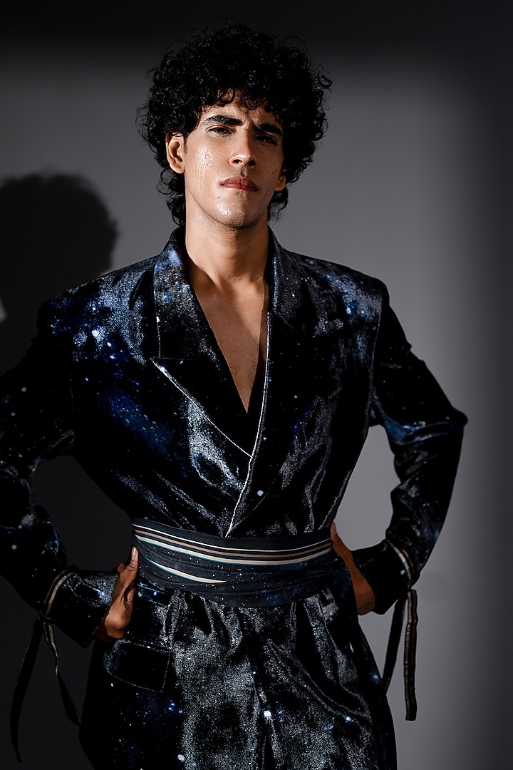 Blue Silk Velvet Galaxy Printed Jacket Set by Nikita Mhaisalkar Men at Pernia's Pop Up Shop