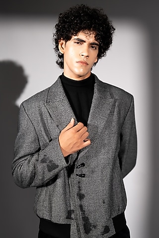 Grey Luxe Suiting Checkered Jacket by Nikita Mhaisalkar Men