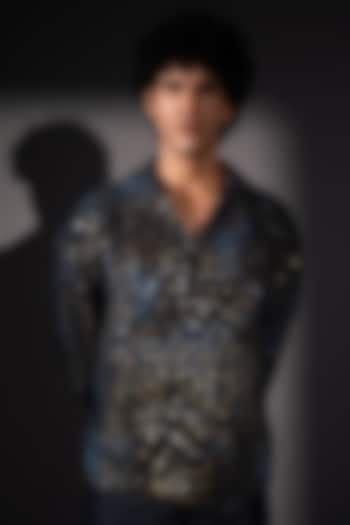 Blue Sheeted Georgette Printed Bomber Jacket by Nikita Mhaisalkar Men at Pernia's Pop Up Shop