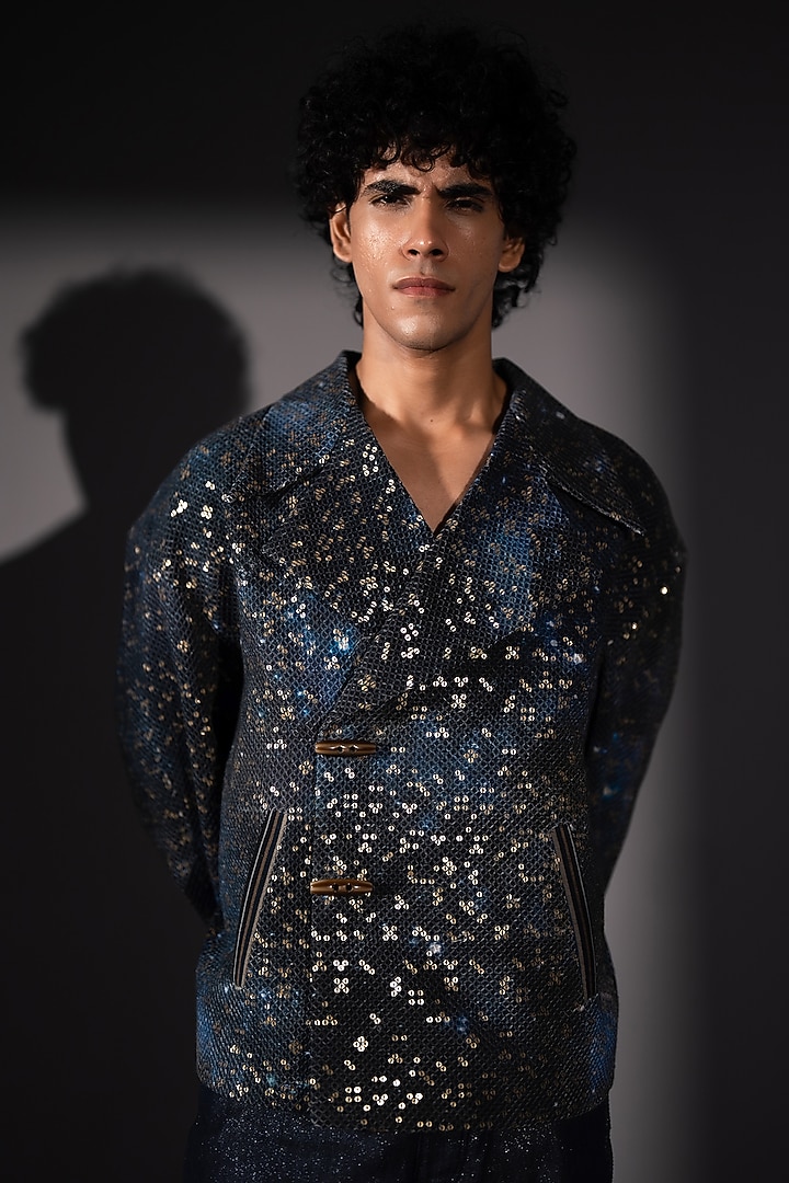 Blue Sheeted Georgette Printed Bomber Jacket by Nikita Mhaisalkar Men at Pernia's Pop Up Shop