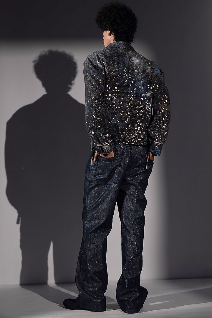 Blue Sheeted Georgette Printed Bomber Jacket by Nikita Mhaisalkar Men at Pernia's Pop Up Shop