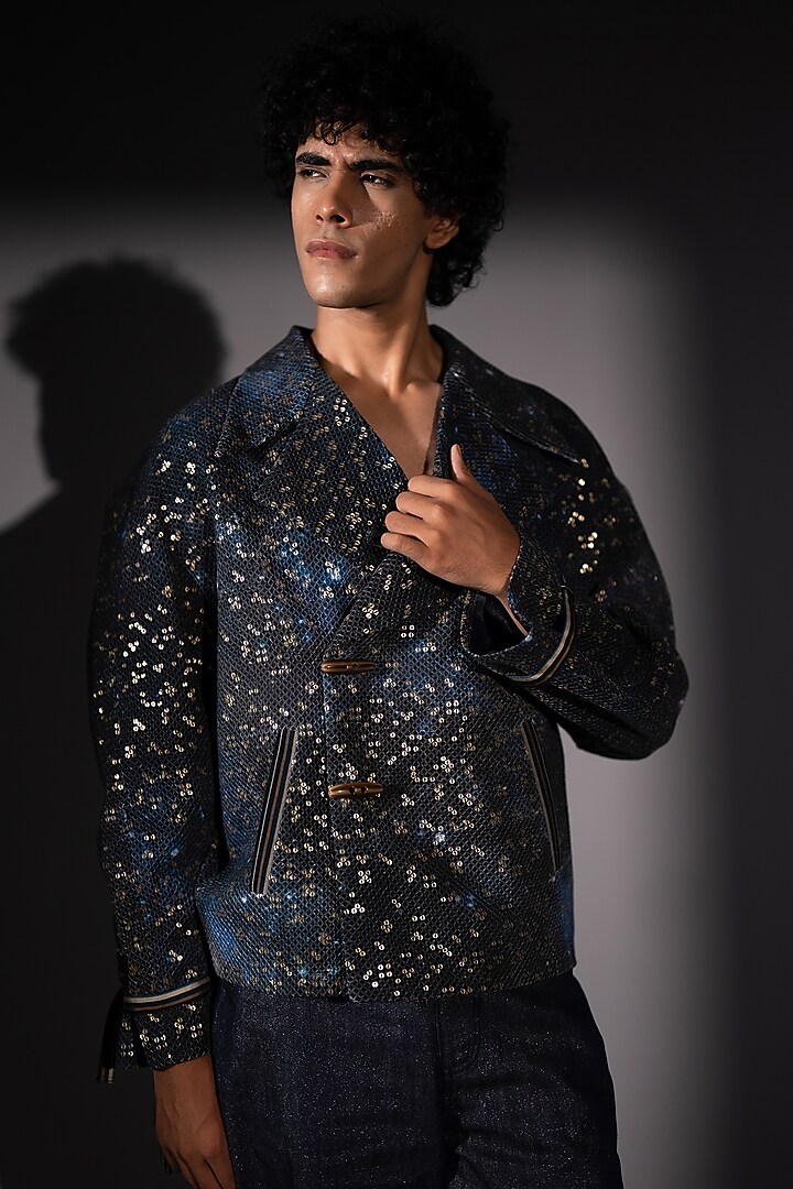 Blue Sheeted Georgette Printed Bomber Jacket by Nikita Mhaisalkar Men at Pernia's Pop Up Shop