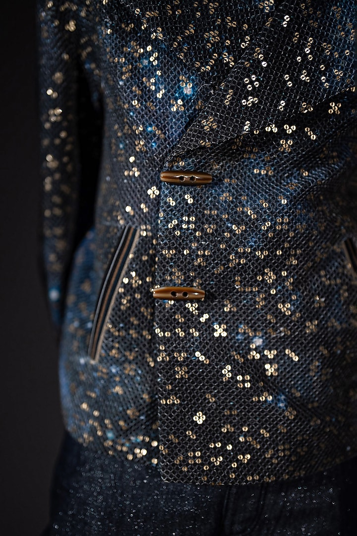 Blue Sheeted Georgette Printed Bomber Jacket by Nikita Mhaisalkar Men at Pernia's Pop Up Shop