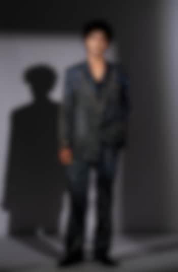 Blue Sequins Georgette Printed Blazer Set by Nikita Mhaisalkar Men at Pernia's Pop Up Shop