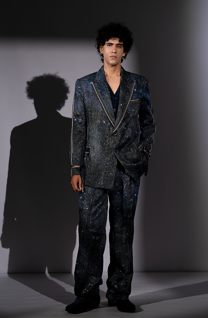 Blue Sequins Georgette Printed Blazer Set by Nikita Mhaisalkar Men at Pernia's Pop Up Shop