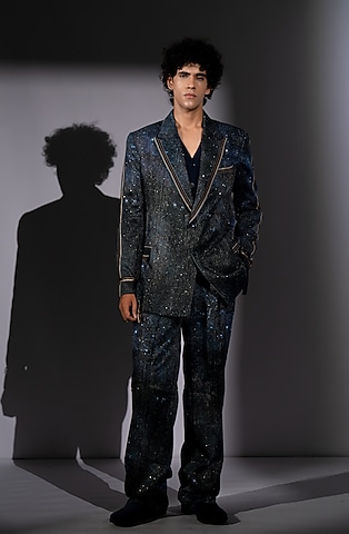Blue Sequins Georgette Printed Blazer Set by Nikita Mhaisalkar Men