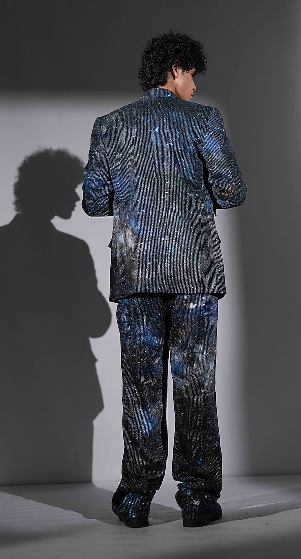 Blue Sequins Georgette Printed Blazer Set by Nikita Mhaisalkar Men at Pernia's Pop Up Shop