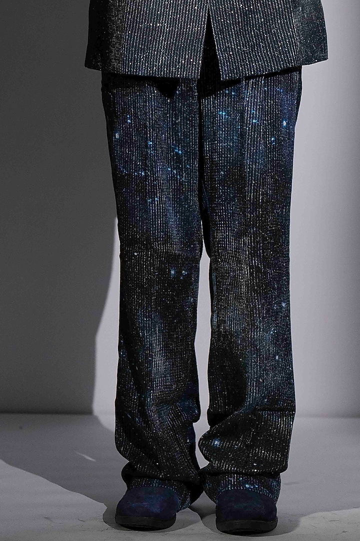 Blue Sequins Georgette Printed Blazer Set by Nikita Mhaisalkar Men at Pernia's Pop Up Shop