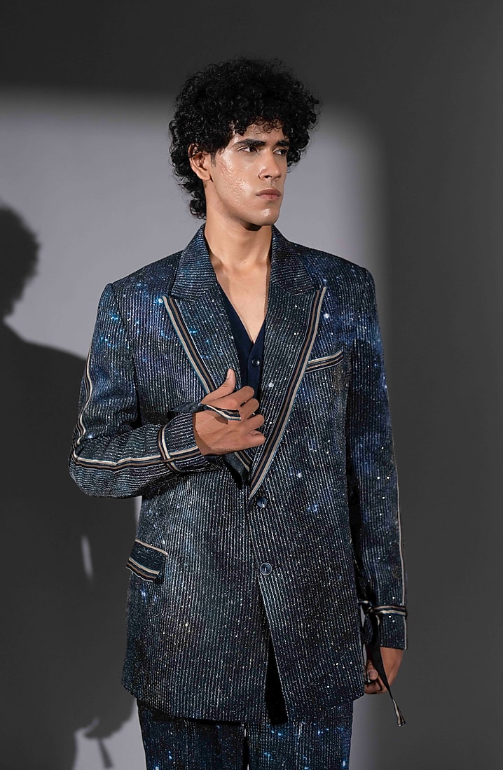 Blue Sequins Georgette Printed Blazer Set by Nikita Mhaisalkar Men at Pernia's Pop Up Shop