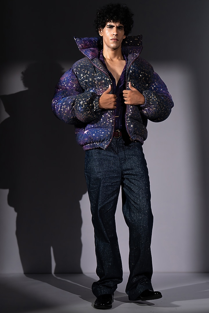 Purple Sheeted Georgette Printed Puffer Jacket by Nikita Mhaisalkar Men at Pernia's Pop Up Shop