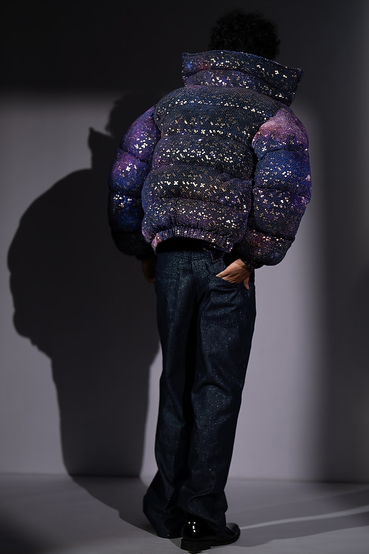 Purple Sheeted Georgette Printed Puffer Jacket by Nikita Mhaisalkar Men at Pernia's Pop Up Shop