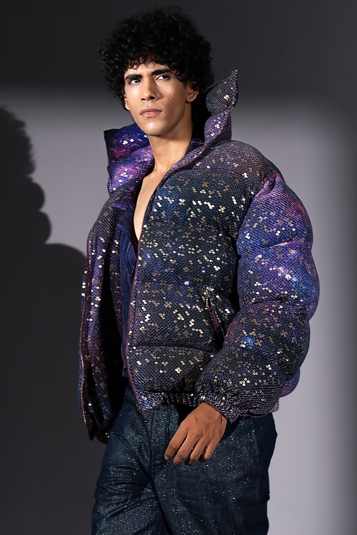 Purple Sheeted Georgette Printed Puffer Jacket by Nikita Mhaisalkar Men at Pernia's Pop Up Shop
