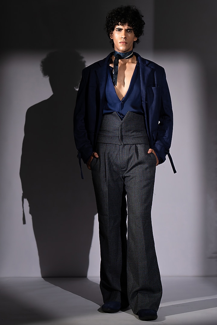 Blue Suede Bomber Jacket Set by Nikita Mhaisalkar Men at Pernia's Pop Up Shop