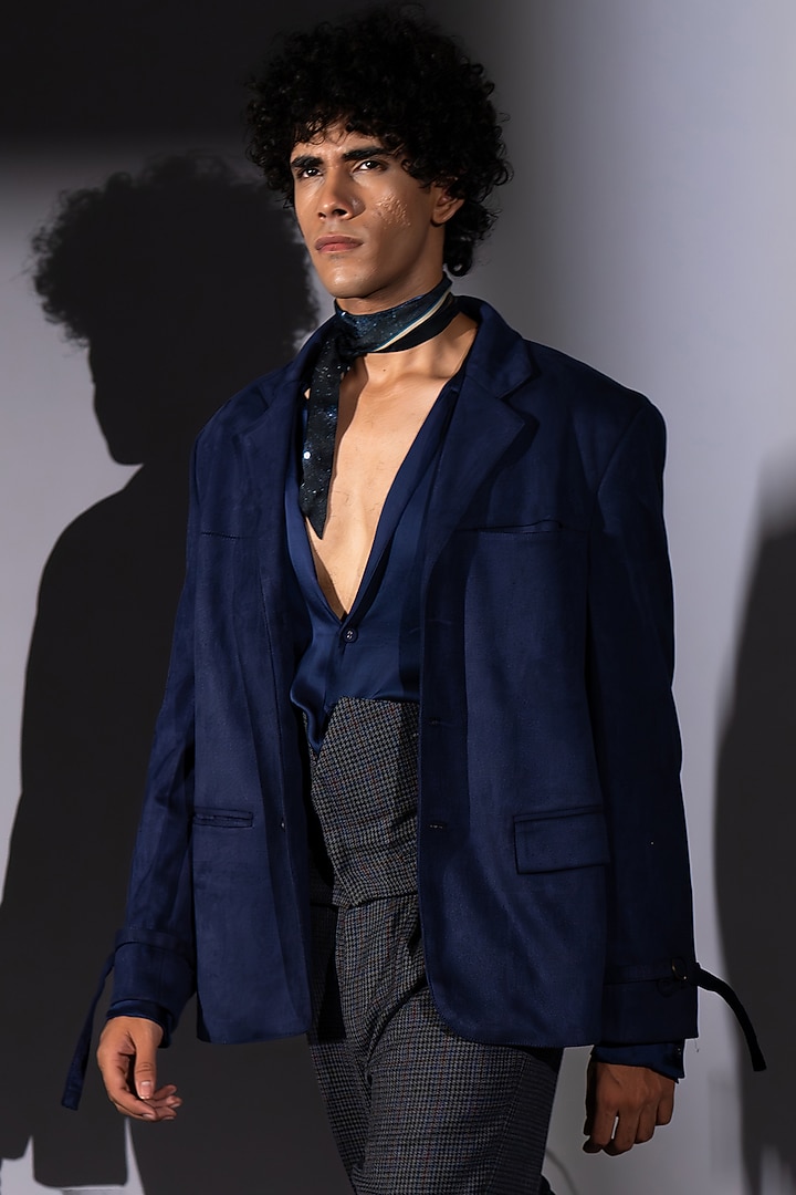 Blue Suede Bomber Jacket Set by Nikita Mhaisalkar Men at Pernia's Pop Up Shop
