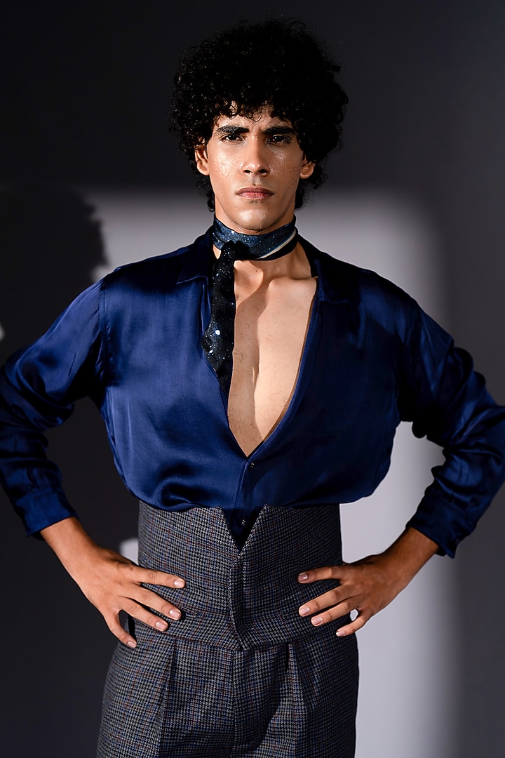 Blue Suede Bomber Jacket Set by Nikita Mhaisalkar Men at Pernia's Pop Up Shop