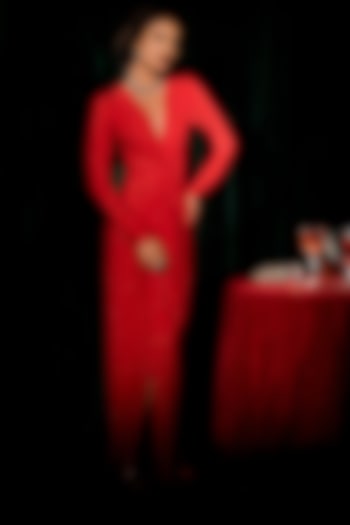 Red Malai Lycra Embellished Dress by Nimbu Mirchi