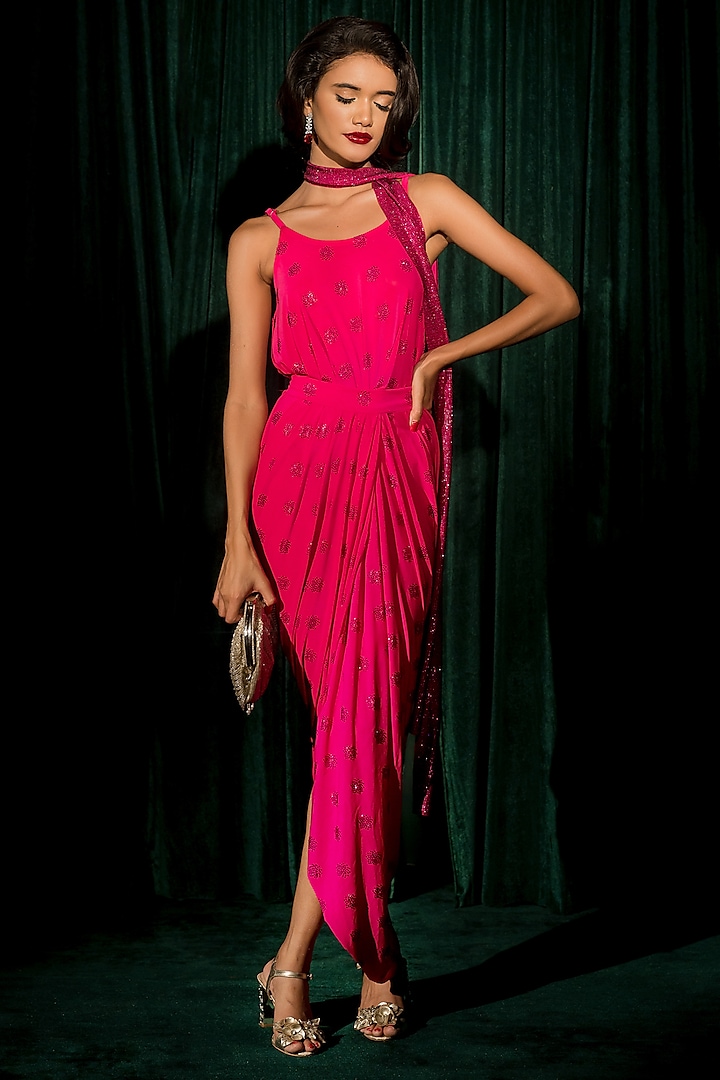 Pink Malai Lycra Draped Skirt Set by Nimbu Mirchi