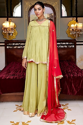 Sage Green Soft Tissue Zari Work Kurta Set by Nimbu Mirchi