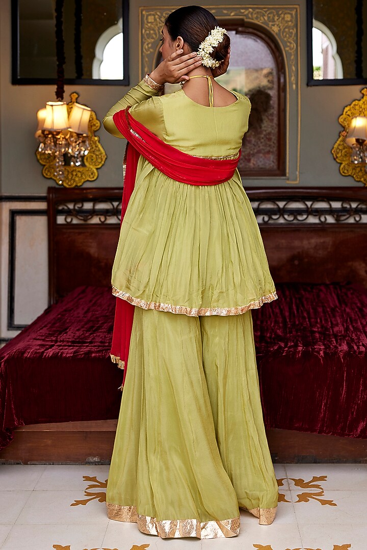 Sage Green Soft Tissue Zari Work Kurta Set by Nimbu Mirchi at Pernia's Pop Up Shop
