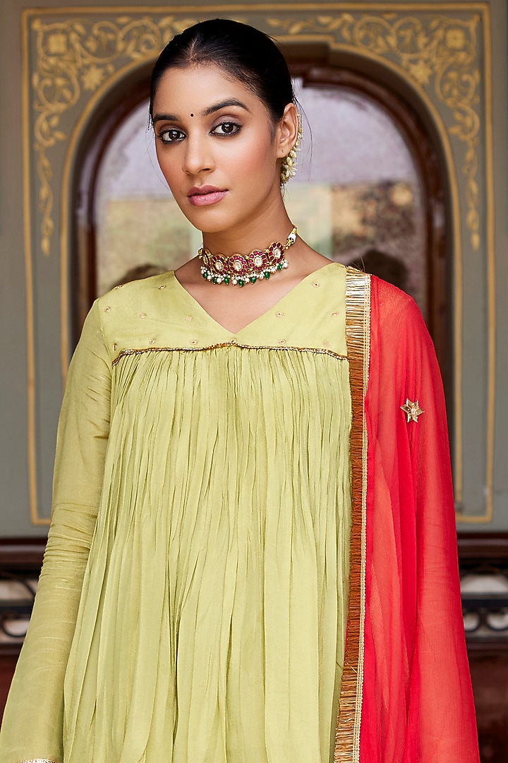 Sage Green Soft Tissue Zari Work Kurta Set by Nimbu Mirchi at Pernia's Pop Up Shop