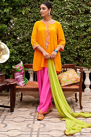 Orange Pure Crepe Resham Embellished Kurta Set by Nimbu Mirchi