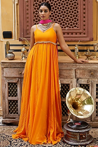 Bright Orange Chanderi Gown With Dupatta by Nimbu Mirchi