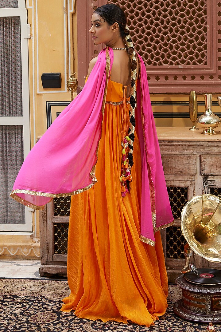 Bright Orange Chanderi Gown With Dupatta by Nimbu Mirchi at Pernia's Pop Up Shop