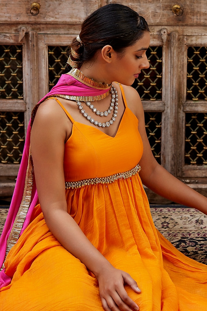 Bright Orange Chanderi Gown With Dupatta by Nimbu Mirchi at Pernia's Pop Up Shop