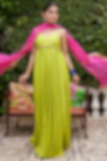 Neon Green Chanderi Gown With Dupatta by Nimbu Mirchi