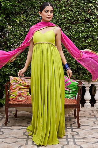 Neon Green Chanderi Gown With Dupatta by Nimbu Mirchi