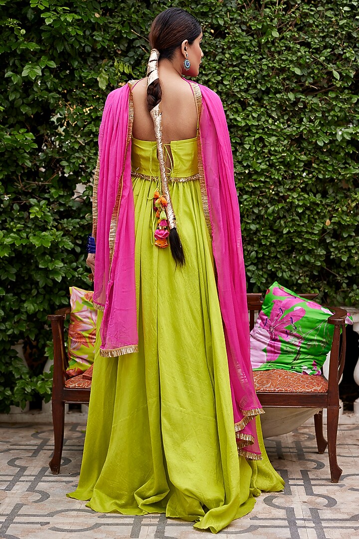Neon Green Chanderi Gown With Dupatta by Nimbu Mirchi at Pernia's Pop Up Shop