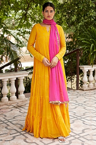 Mango Yellow Pure Chanderi Embroidered Layered Anarkali Set by Nimbu Mirchi