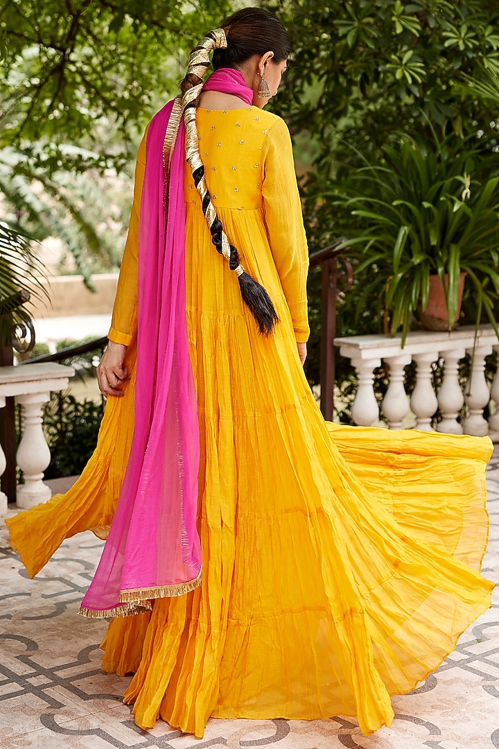Mango Yellow Pure Chanderi Embroidered Layered Party Wear Anarkali Set by Nimbu Mirchi at Pernia's Pop Up Shop