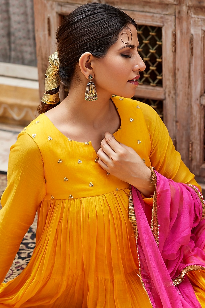 Mango Yellow Pure Chanderi Embroidered Layered Party Wear Anarkali Set by Nimbu Mirchi at Pernia's Pop Up Shop