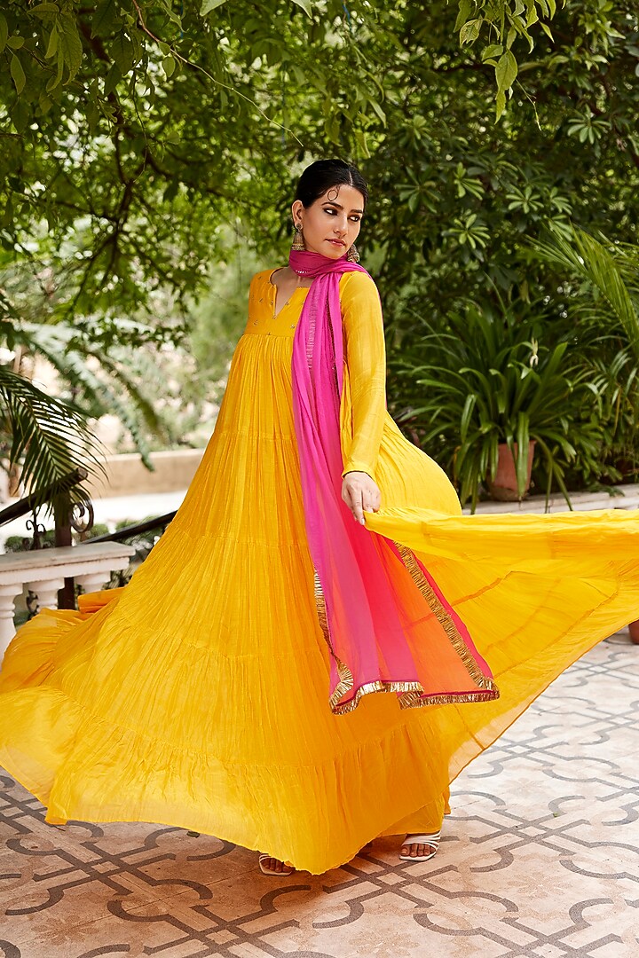 Mango Yellow Pure Chanderi Embroidered Layered Party Wear Anarkali Set by Nimbu Mirchi at Pernia's Pop Up Shop