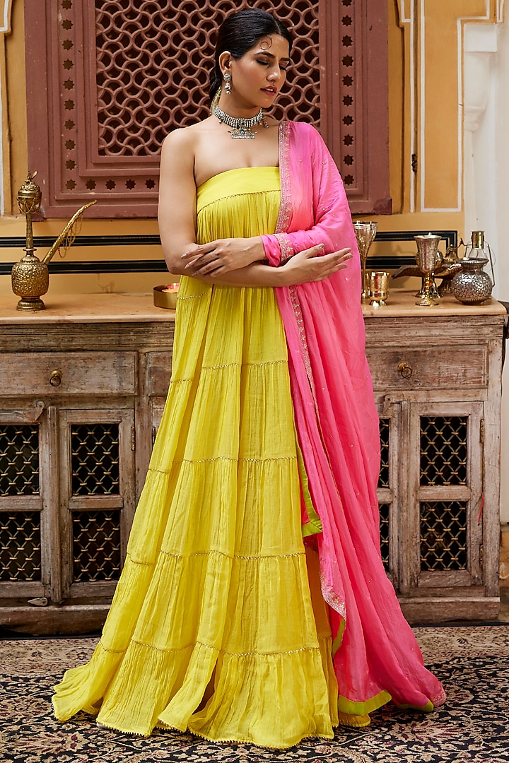 Lime Yellow Pure Chanderi Zari Work Tube Dress With Dupatta by Nimbu Mirchi
