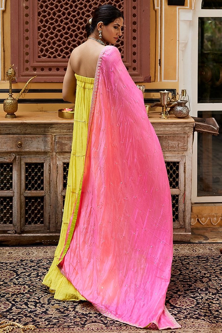 Lime Yellow Pure Chanderi Zari Work Tube Vacation Dress With Dupatta by Nimbu Mirchi at Pernia's Pop Up Shop